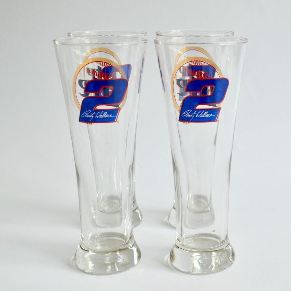 Set of 4 Miller Lite Rusty Wallace #2 Beer Pilsner Glasses Tall 8.5" NASCAR Raci